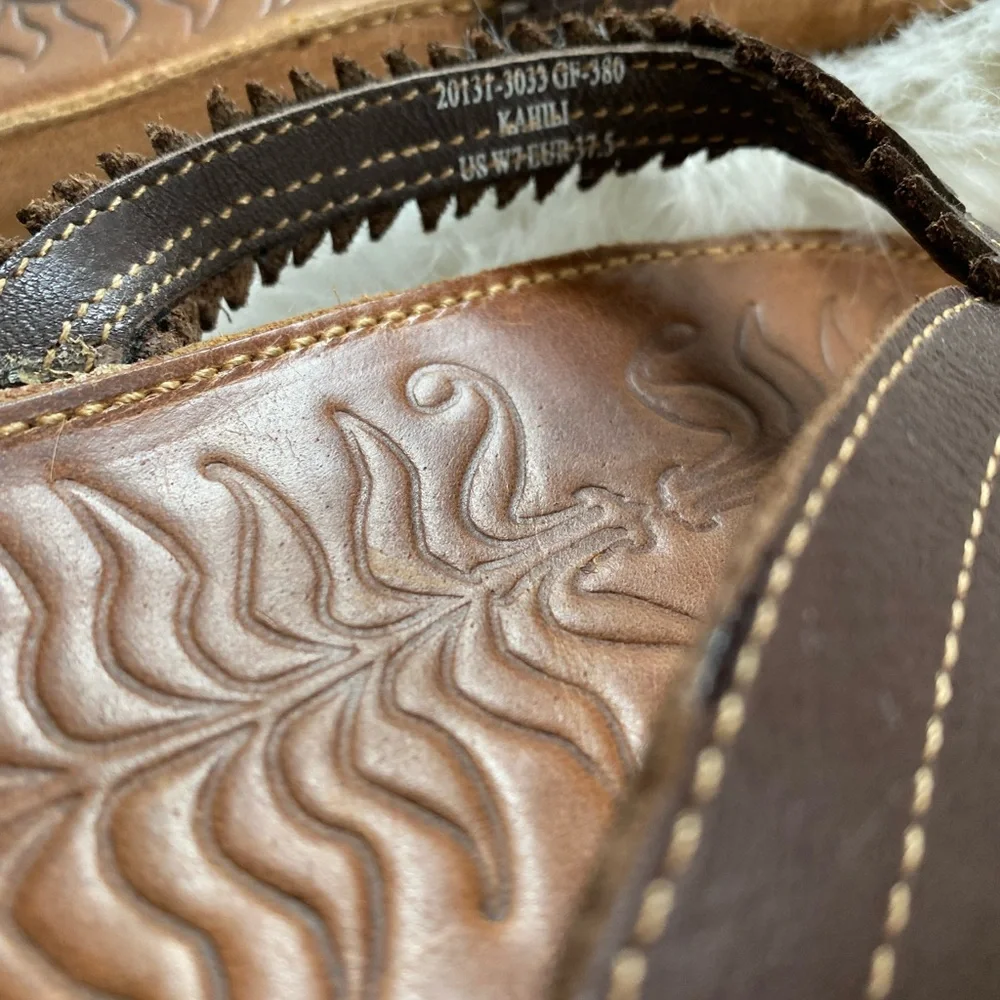 OluKai Brown Leather Feather-Trim Flip Flop Sandals